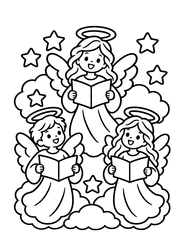 Nativity & Angels coloring page: three angels singing among clouds and stars