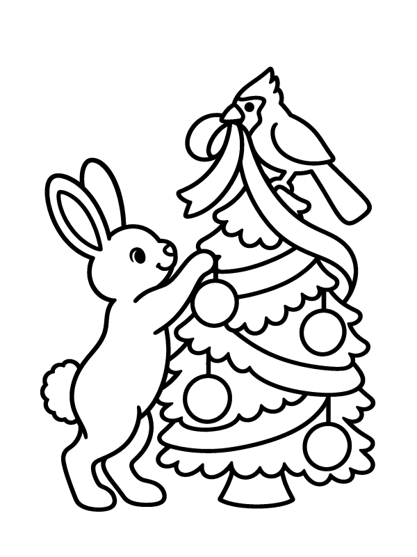 Christmas Animals coloring page: a bunny and a cardinal decorating a little fir tree
