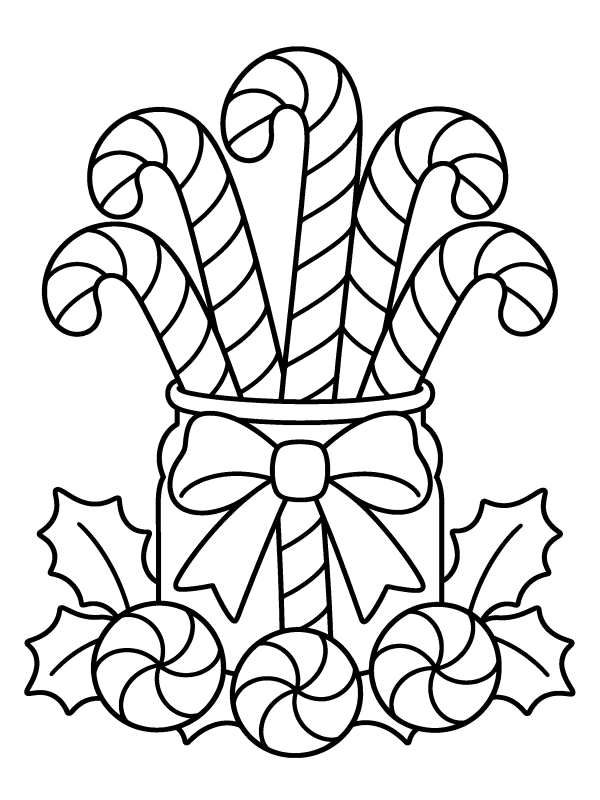 Candy Canes, Stockings & Ornaments coloring page: a jar of candy canes tied with a ribbon bow