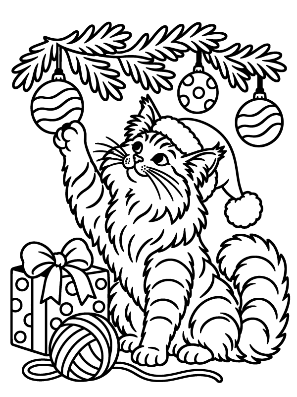 Christmas Animals coloring page: a fluffy cat in a Santa hat batting at ornaments