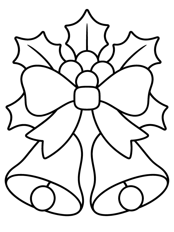 Candy Canes, Stockings & Ornaments coloring page: two Christmas bells with a bow and holly