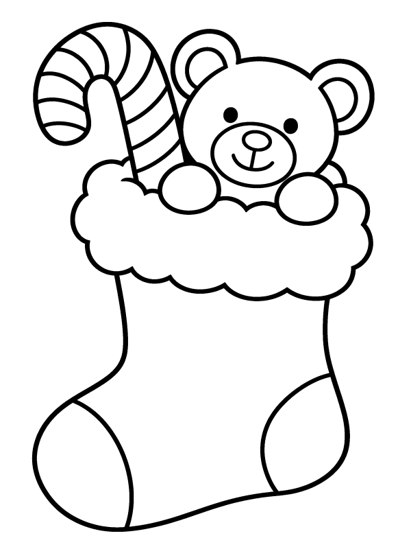 Candy Canes, Stockings & Ornaments coloring page: a Christmas stocking with a candy cane and a teddy bear
