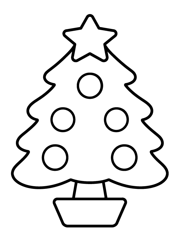 Christmas Tree coloring page: a simple tree in a pot with a star and big ornaments