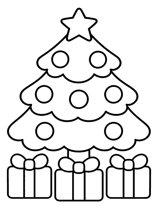Christmas Tree coloring page: a decorated tree with three presents underneath
