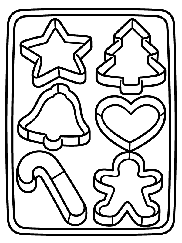 Gingerbread coloring page: Christmas cookie cutters on a baking tray