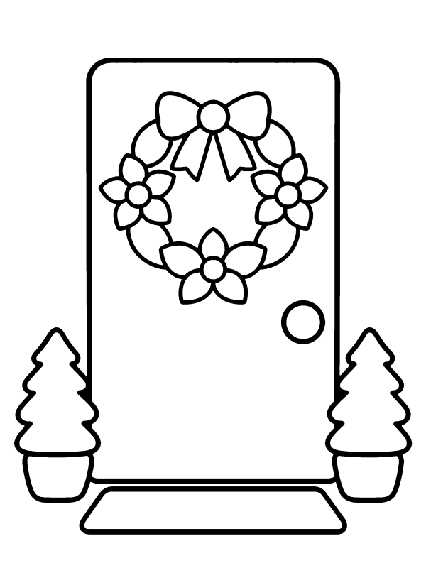 Cozy Christmas coloring page: a front-door wreath with poinsettias and a bow
