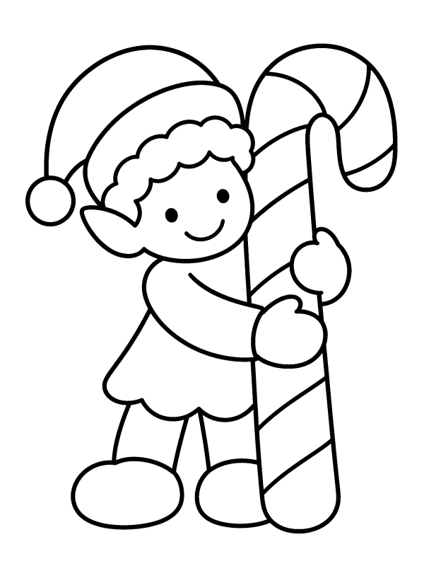 Elves & North Pole coloring page: a little elf hugging a big candy cane