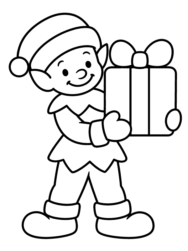 Elves & North Pole coloring page: a little elf holding up a wrapped present