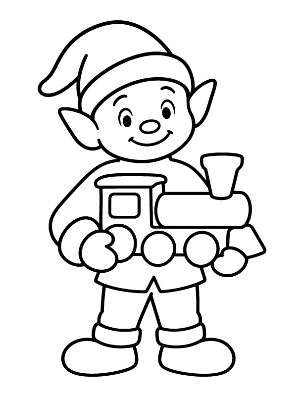 Elves & North Pole coloring page: a little elf holding a toy train