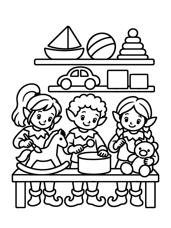 Elves & North Pole coloring page: elves making toys in Santa's workshop
