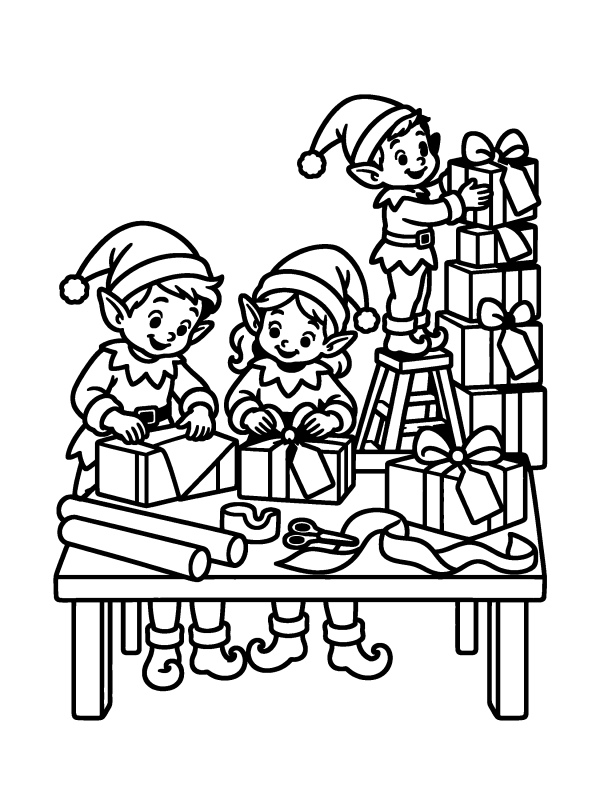 Elves & North Pole coloring page: elves wrapping and stacking presents