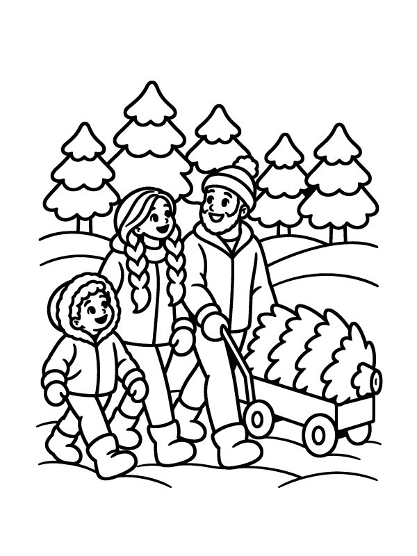 Christmas Tree coloring page: a family pulling their tree on a wagon at a tree farm