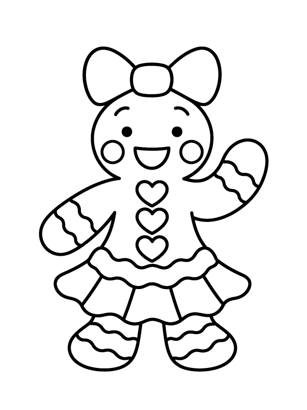 Gingerbread coloring page: a gingerbread girl with a bow, waving