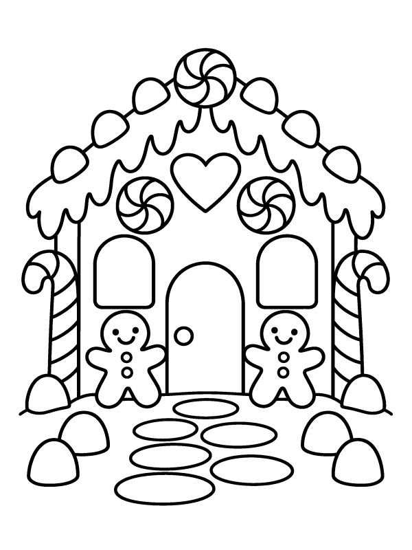 Gingerbread coloring page: a gingerbread house covered in candy and icicles