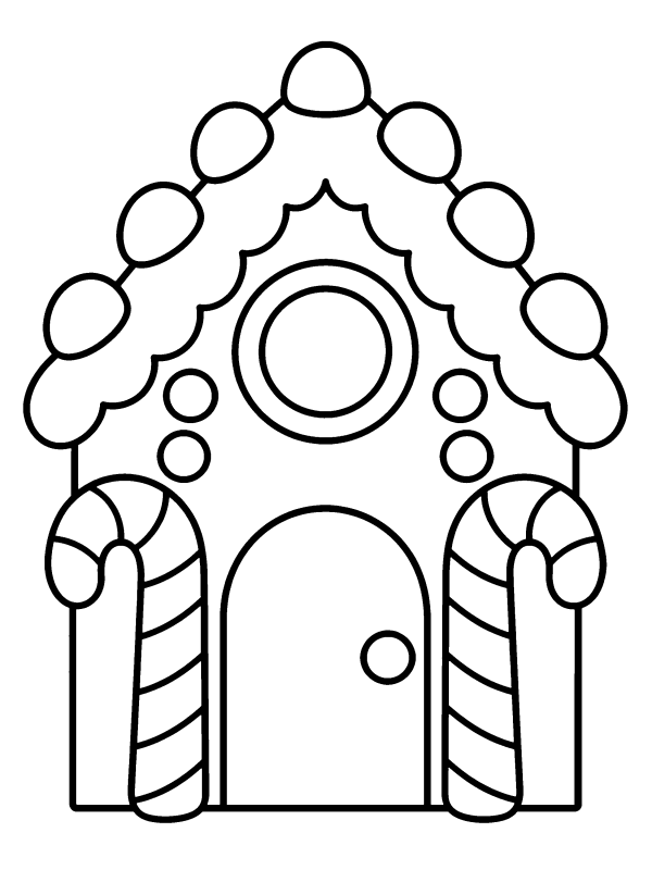 Gingerbread coloring page: a simple gingerbread house with gumdrops and candy canes