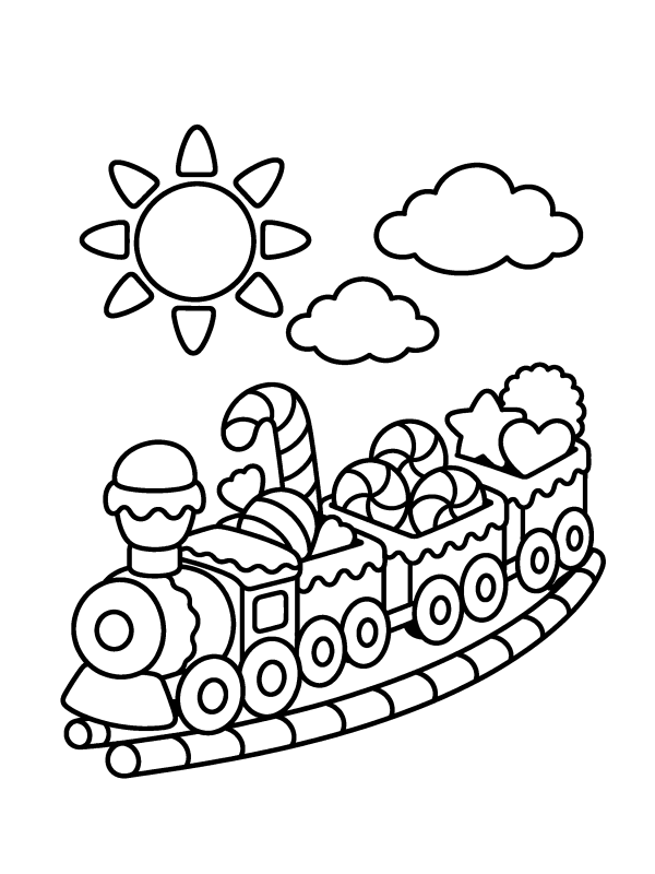 Gingerbread coloring page: a gingerbread cookie train carrying candy