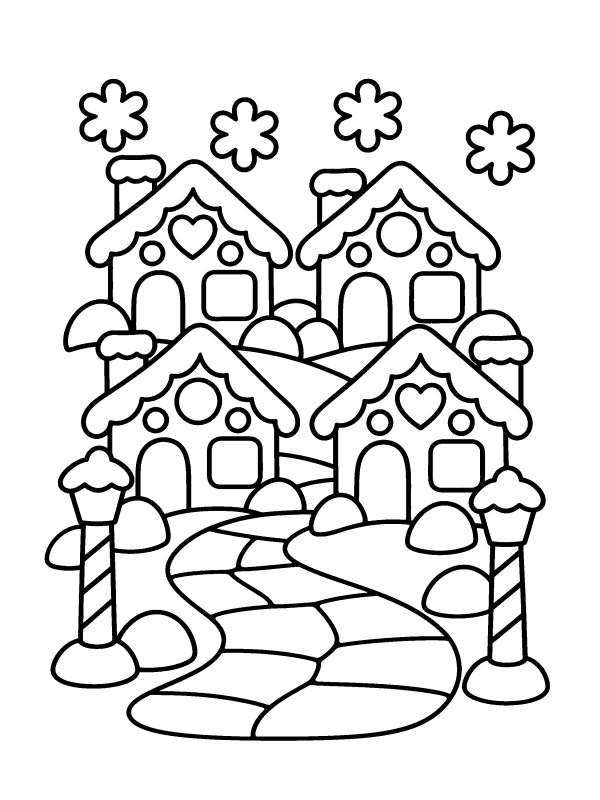 Gingerbread coloring page: a little gingerbread village with candy-cane lampposts