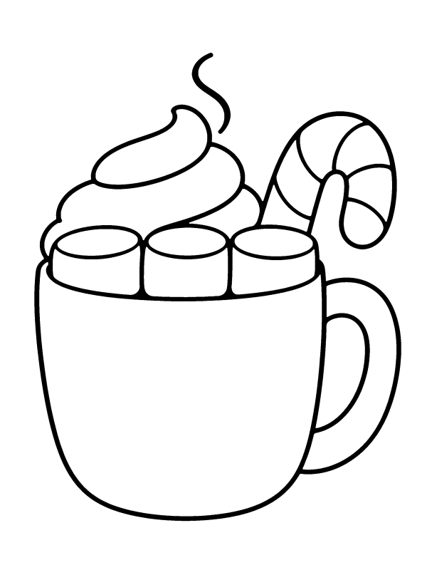 Cozy Christmas coloring page: a mug of hot cocoa with whipped cream, marshmallows and a candy cane