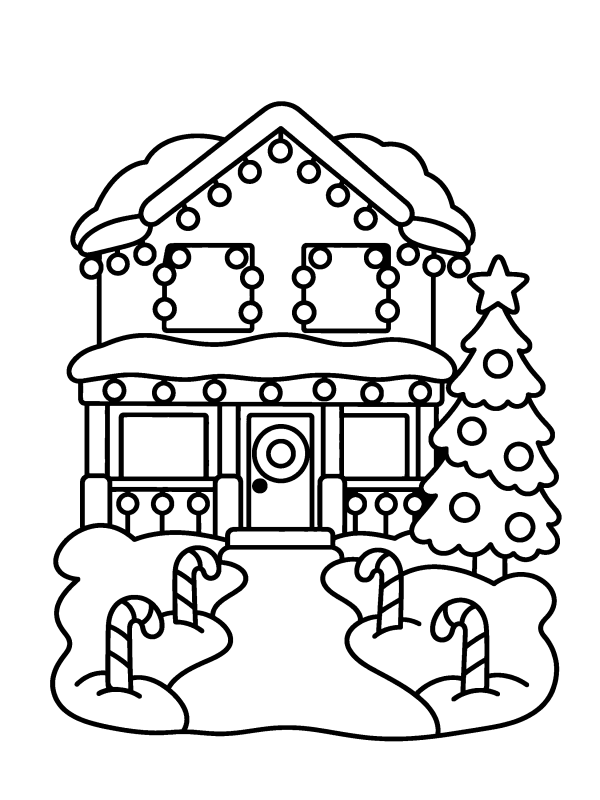 Cozy Christmas coloring page: a house covered in Christmas lights