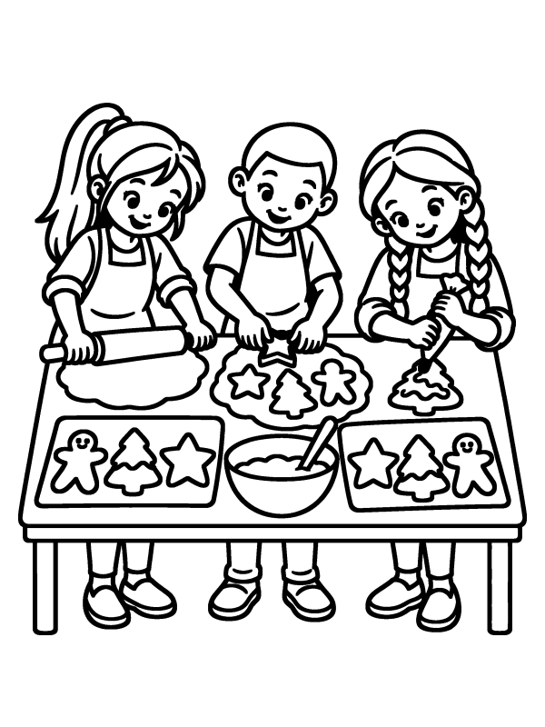 Gingerbread coloring page: three kids rolling, cutting and decorating cookies
