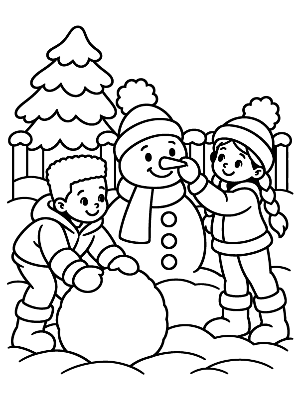 Snowman & Snow coloring page: two kids building a snowman in the backyard