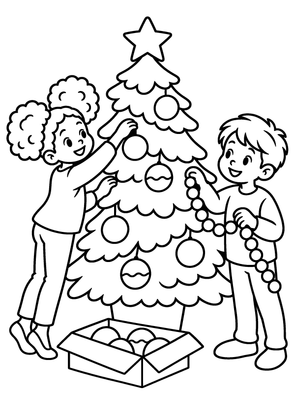Christmas Tree coloring page: two kids hanging ornaments and a garland on the tree