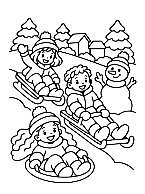 Snowman & Snow coloring page: three kids sledding down a hill past a snowman