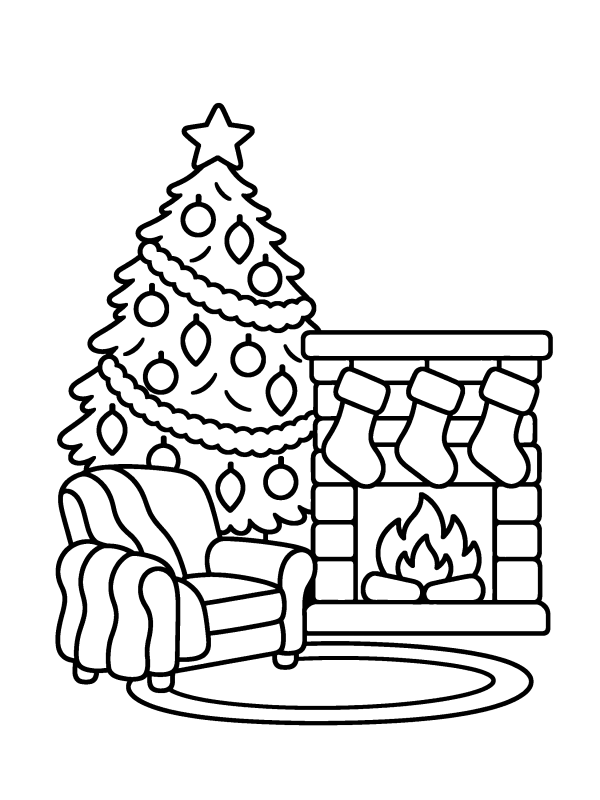 Christmas Tree coloring page: a living-room tree next to a fireplace with stockings