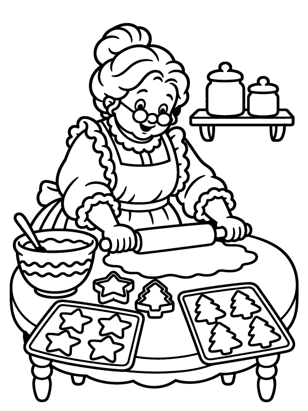 Santa Claus coloring page: Mrs. Claus rolling out cookie dough in her kitchen
