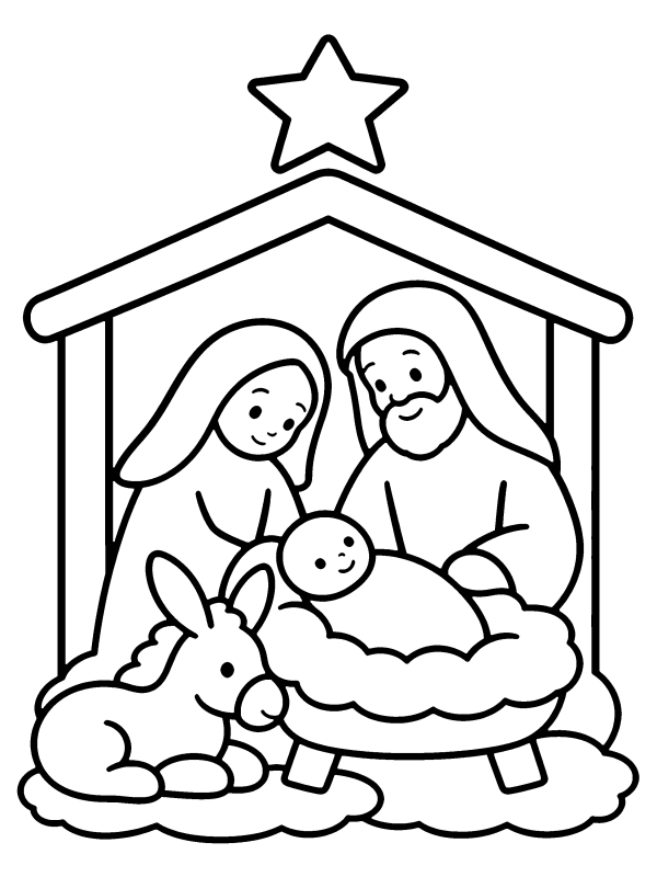 Nativity & Angels coloring page: Mary, Joseph and baby Jesus in the manger