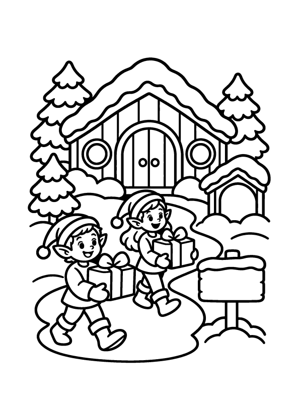 Elves & North Pole coloring page: Santa's workshop at the North Pole with elves carrying gifts