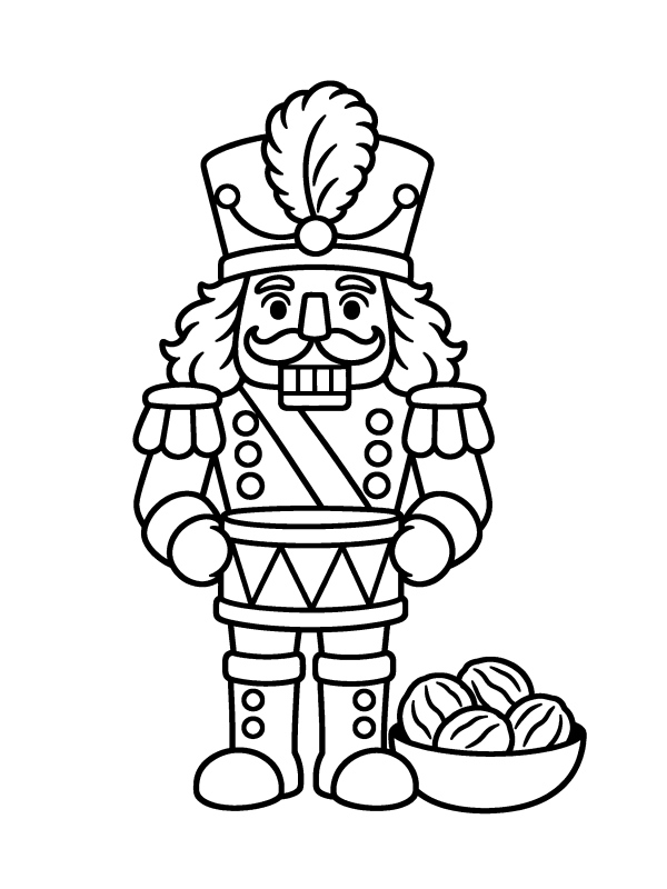 Cozy Christmas coloring page: a nutcracker soldier with a toy drum