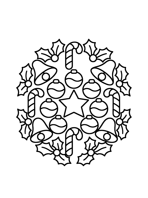 Christmas Mandala coloring page: a round mandala of ornaments, bells and candy canes