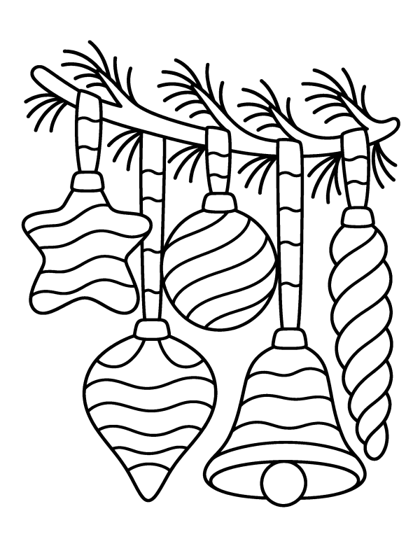 Candy Canes, Stockings & Ornaments coloring page: five different ornaments hanging from a pine branch