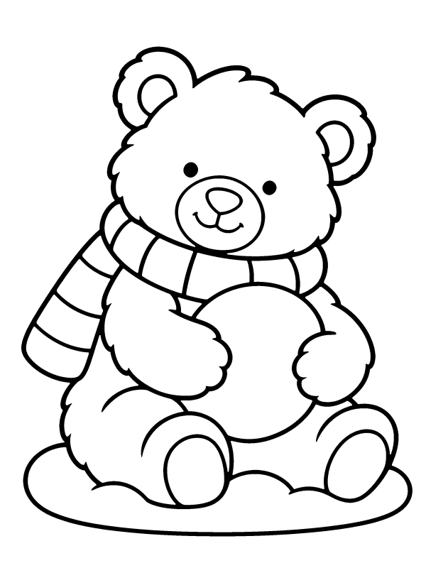 Christmas Animals coloring page: a polar bear cub in a scarf hugging a snowball