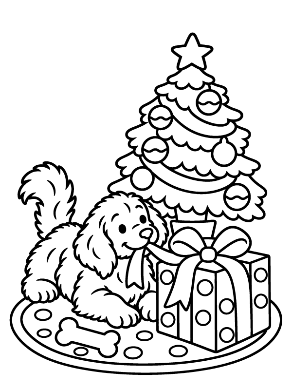 Christmas Animals coloring page: a puppy tugging the ribbon of a big present