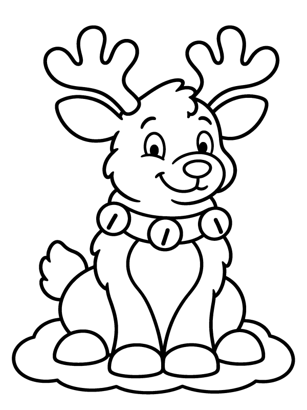 Reindeer coloring page: a reindeer sitting in the snow with a jingle-bell collar