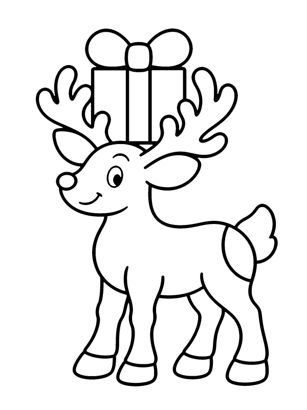 Reindeer coloring page: a smiling reindeer balancing a present on its antlers