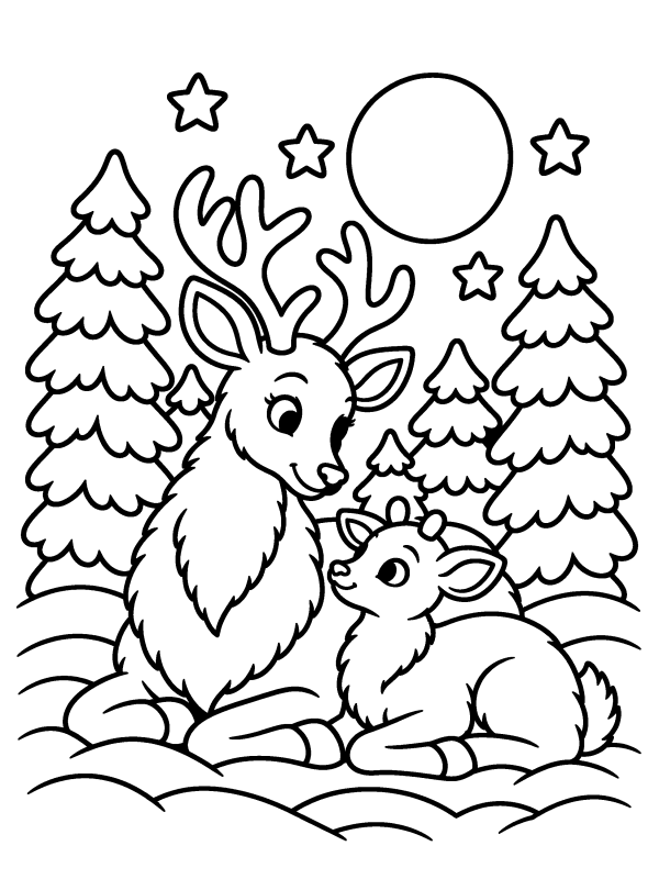 Reindeer coloring page: a mother reindeer and her baby resting under the moon