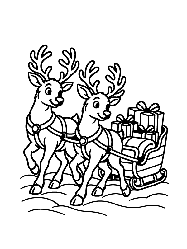 Reindeer coloring page: two reindeer pulling a sleigh full of presents