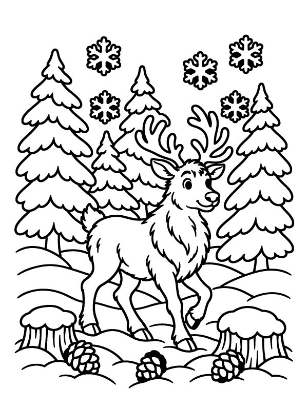 Reindeer coloring page: a reindeer walking through a snowy pine forest