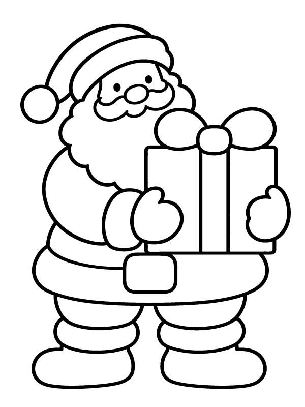 Santa Claus coloring page: Santa hugging one big present with a bow