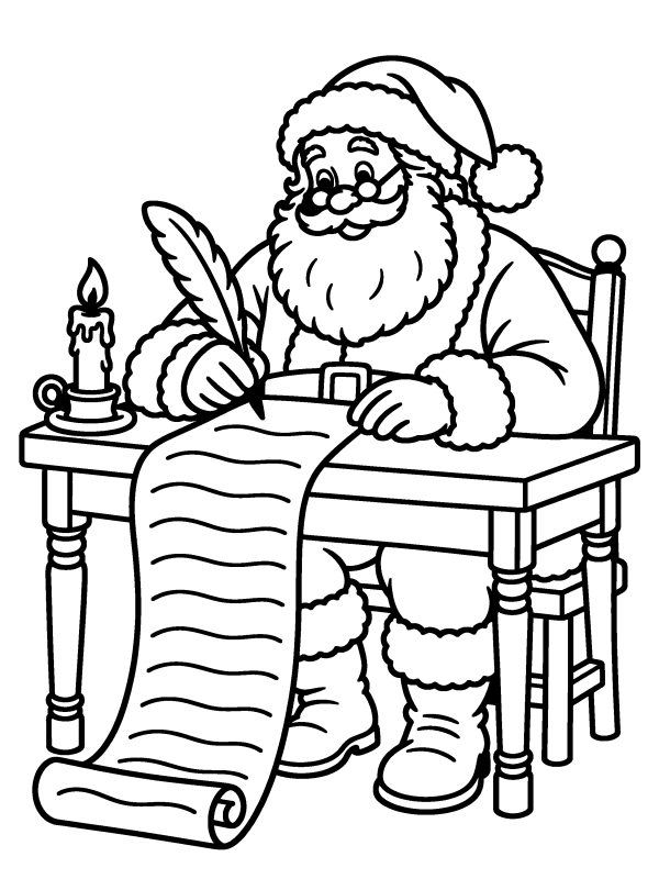 Santa Claus coloring page: Santa at his desk writing a long, long list with a quill pen