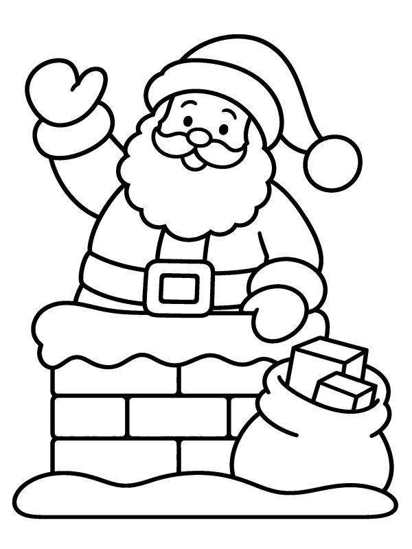 Santa Claus coloring page: Santa waving from a chimney on a snowy roof