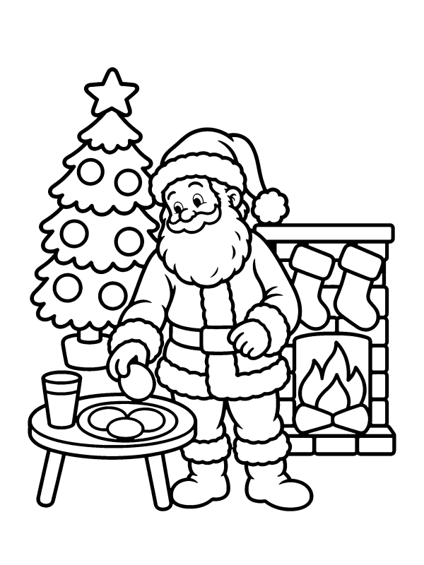 Santa Claus coloring page: Santa reaching for cookies and milk by the tree and fireplace