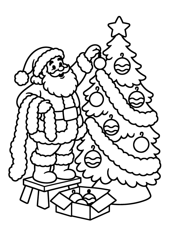 Santa Claus coloring page: Santa on a step stool decorating a big tree