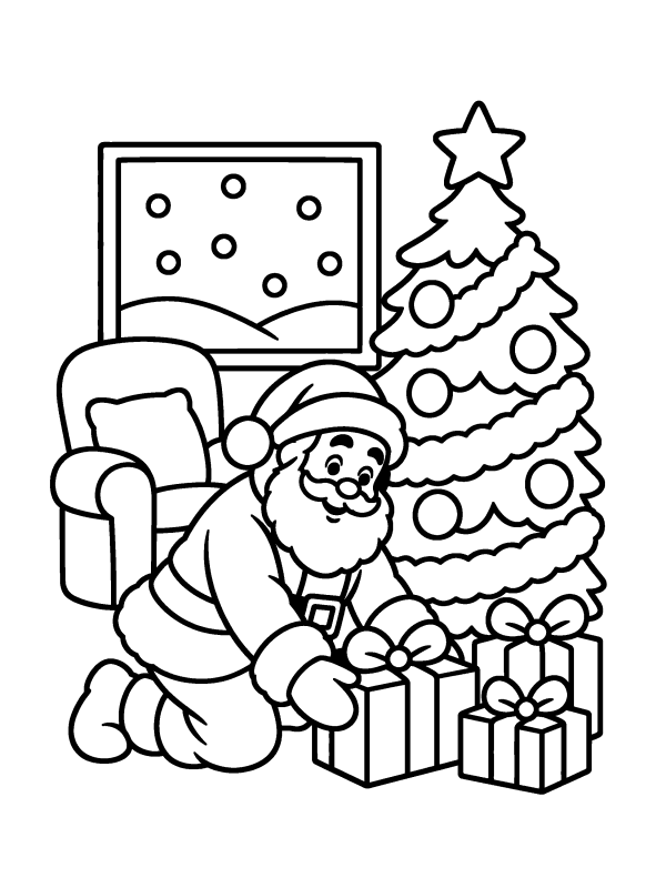 Santa Claus coloring page: Santa kneeling to put presents under the tree