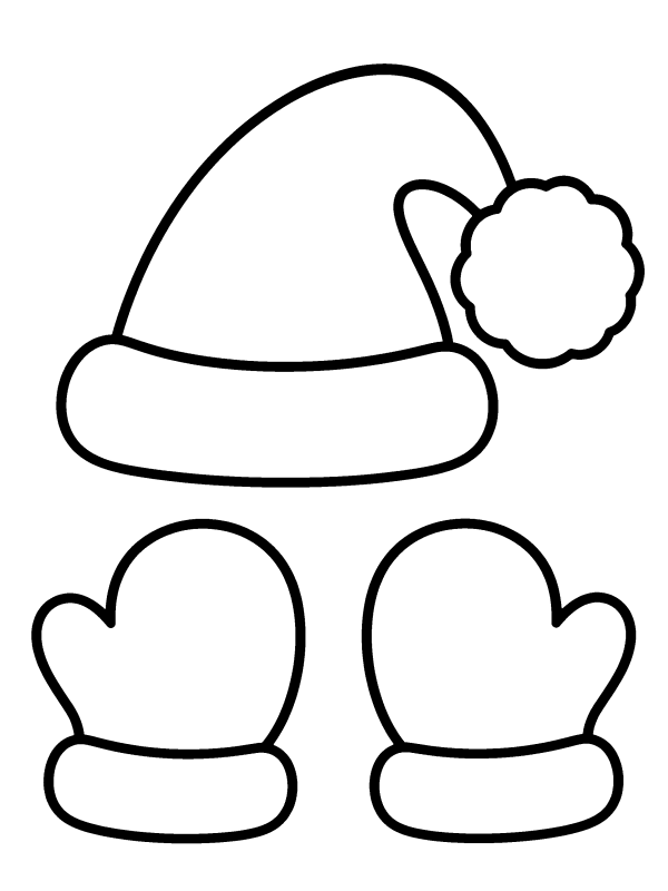 Santa Claus coloring page: Santa's hat with a pompom and a pair of mittens