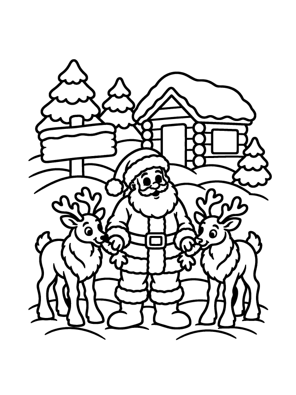 Santa Claus coloring page: Santa feeding carrots to two reindeer at the North Pole