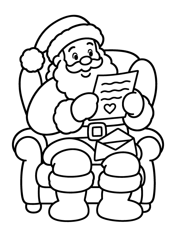 Santa Claus coloring page: Santa in his armchair reading a child's letter